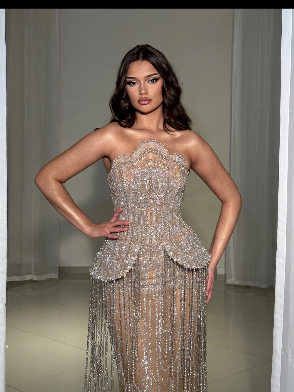 Strapless Beaded Nude Evening Gown with Fringe